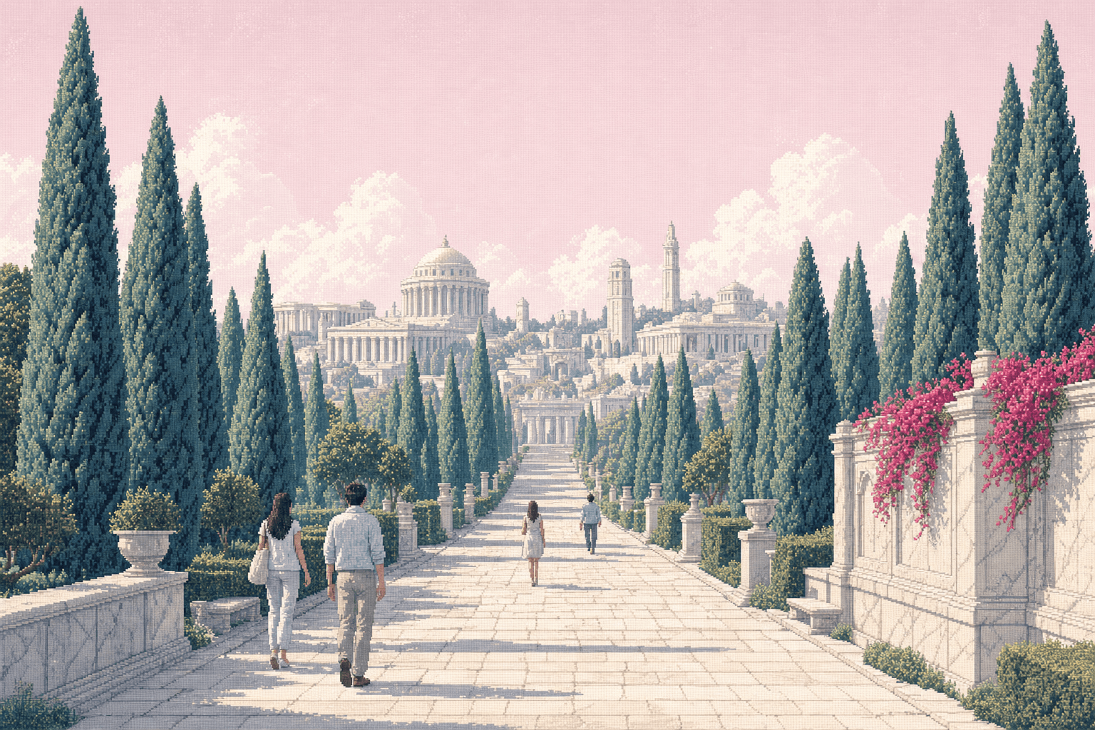 A cypress avenue leading up to a marble academy on the hill
